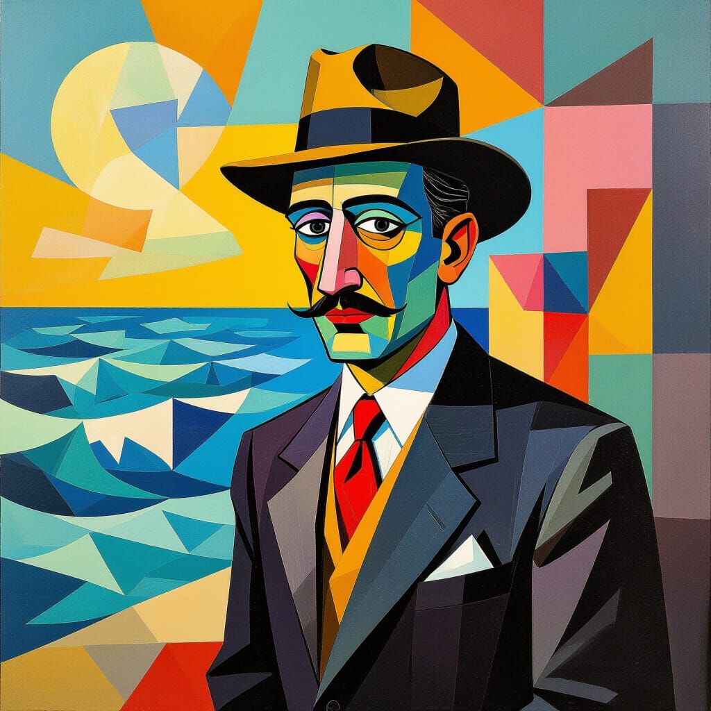 Cubist Man in Surreal Geometric Landscape