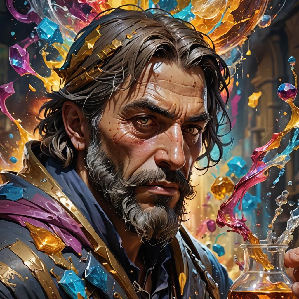Hyperrealistic Alchemist Portrait with Colorful Background