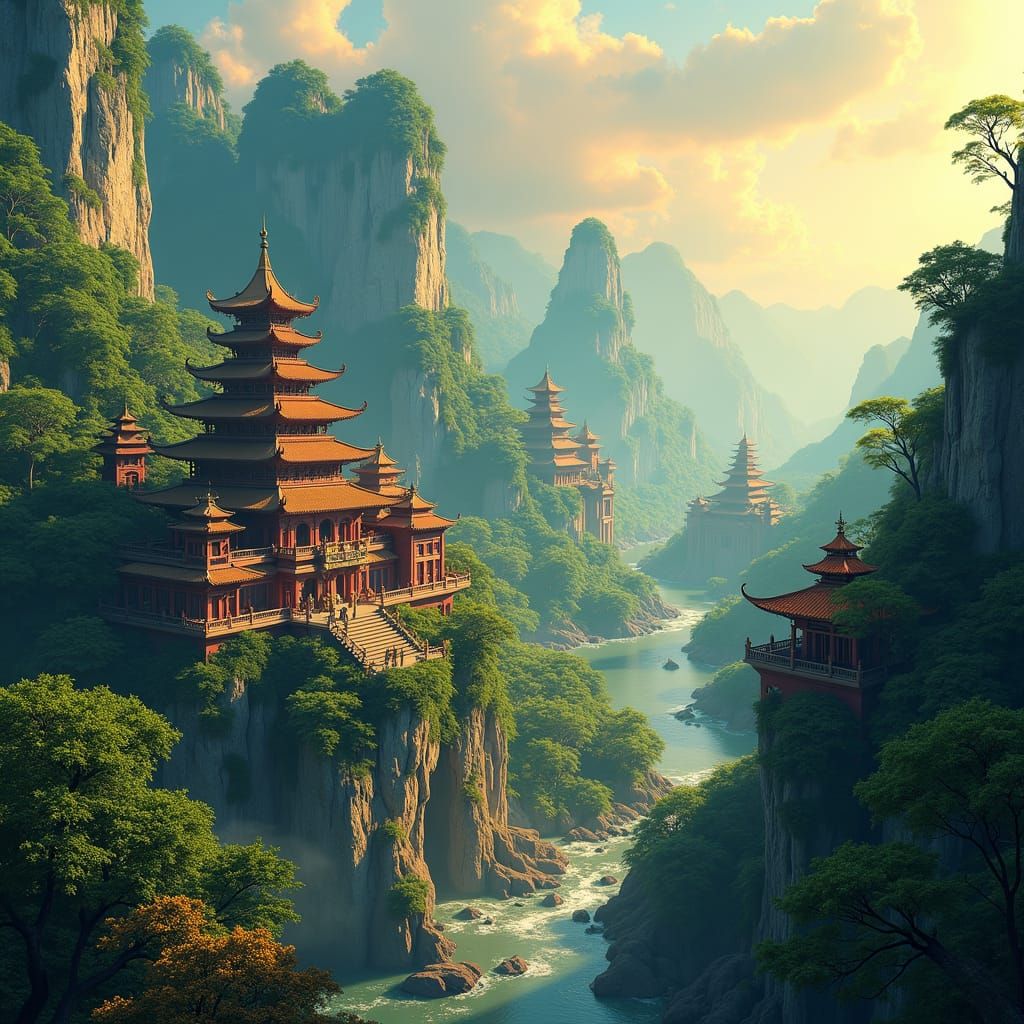 Majestic Ancient Kingdom in Lush Mountain Valley