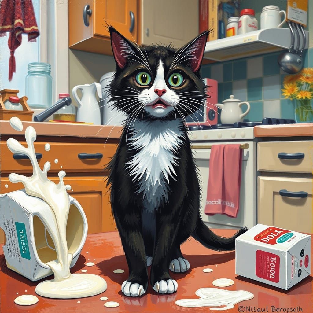 Gangly Tuxedo Cat in Whimsical Oil Painting