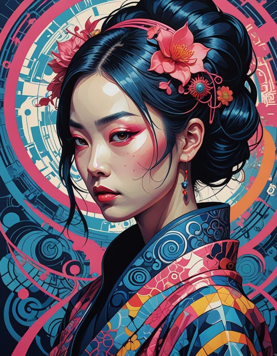 Futuristic Geisha Portrait in Cyberpunk Style