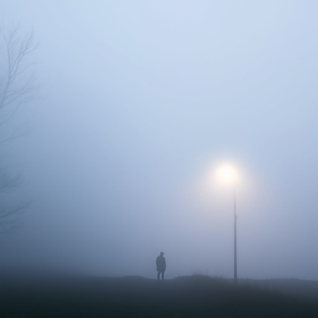 Mysterious Figure in a Foggy Forest Landscape