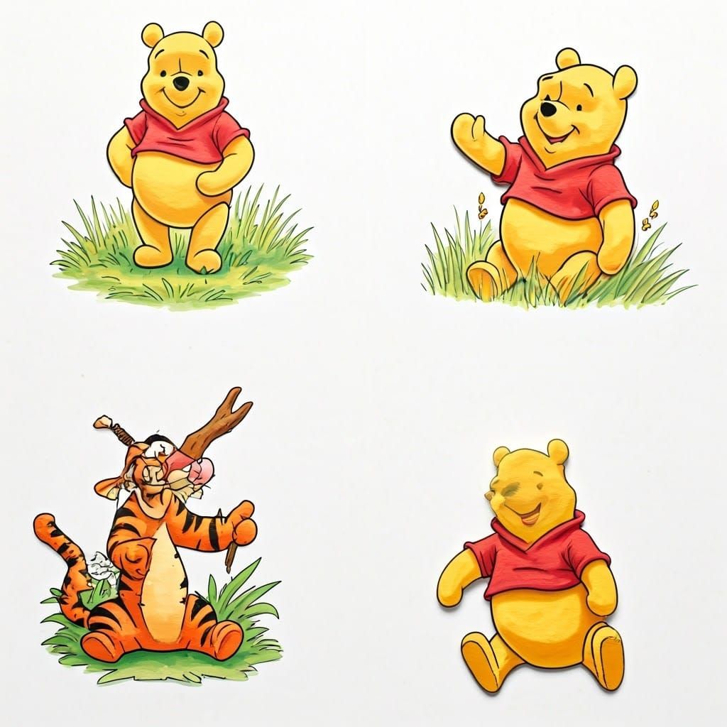 Vibrant Winnie the Pooh Scenes in Whimsical Hand Painted Sty...