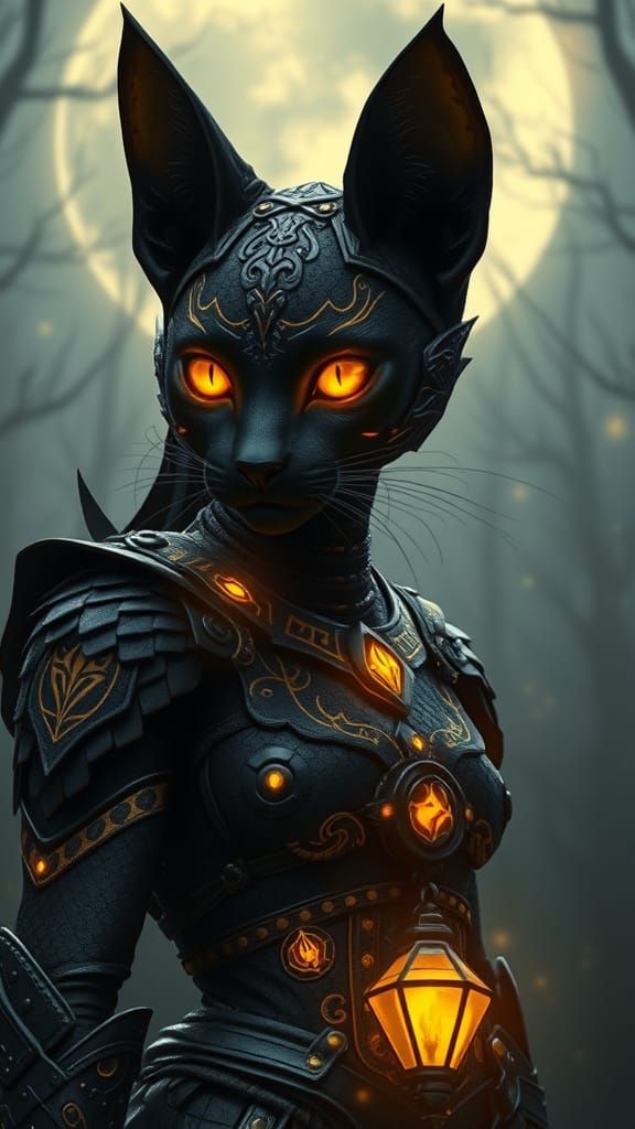 Midnight Black Feline Warrior in Dark Armor
