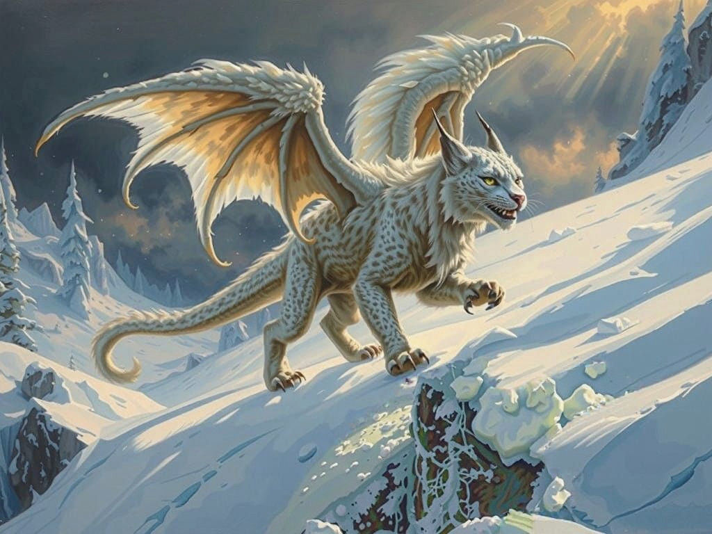 Fantasy Dragon-Lynx Hybrid in Winter Highlands