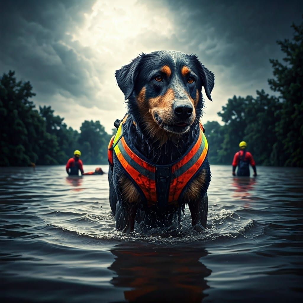 Muddy Heroic Rescue Dog in Bright Rescue Vest Under Overcast...