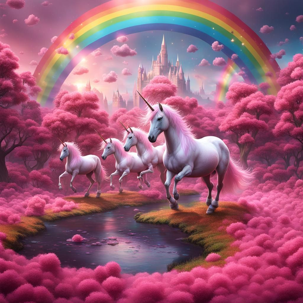 Pink Unicorns Dancing on Rainbows: Fantasy Concept Art