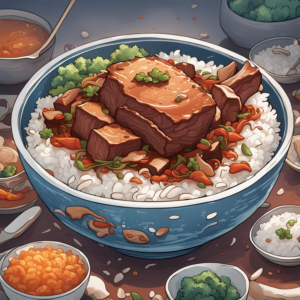 Braised Pork on Rice: Simple Line Illustration