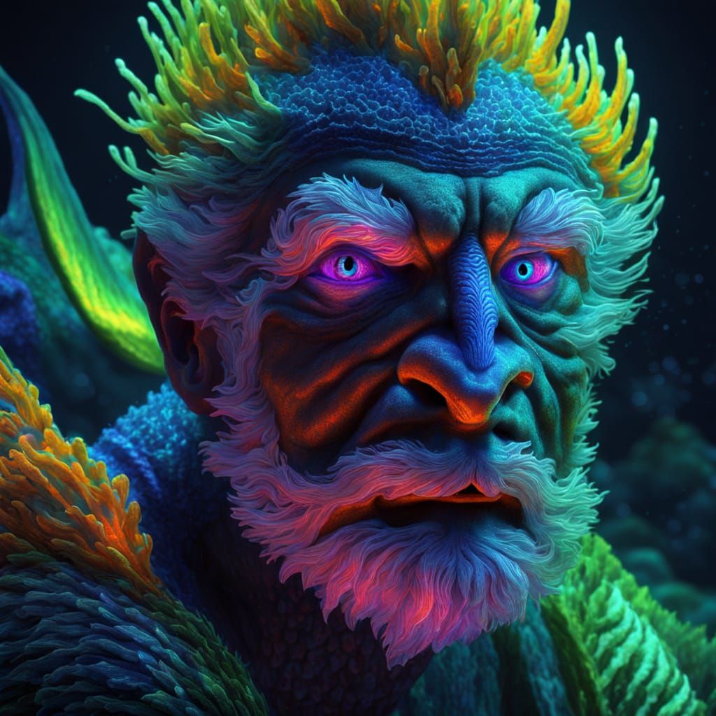 Merman in Elvira Bach Style with Blacklight Neon Accents