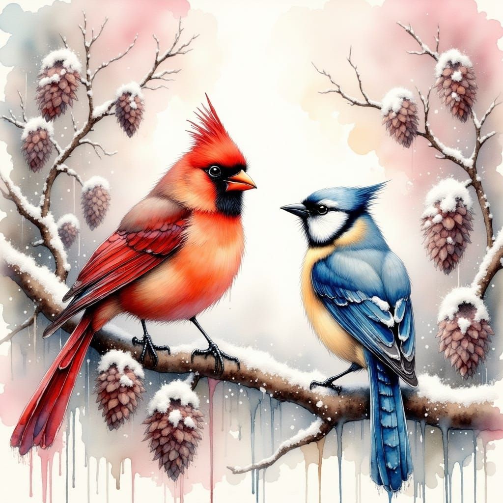 Whimsical Winter Birds in Impressionist Style