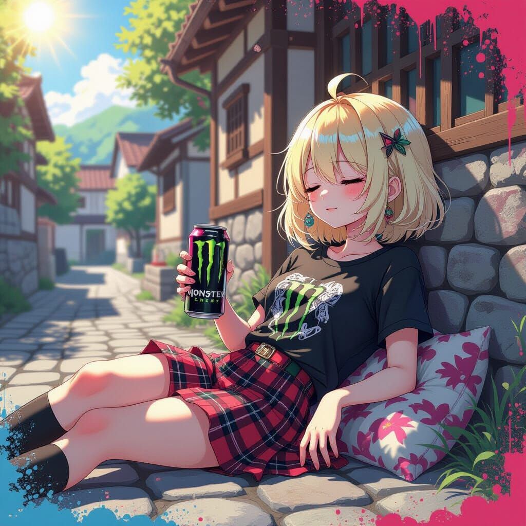 Mystical Anime Girl Rests on Village Street in Graffiti Art ...