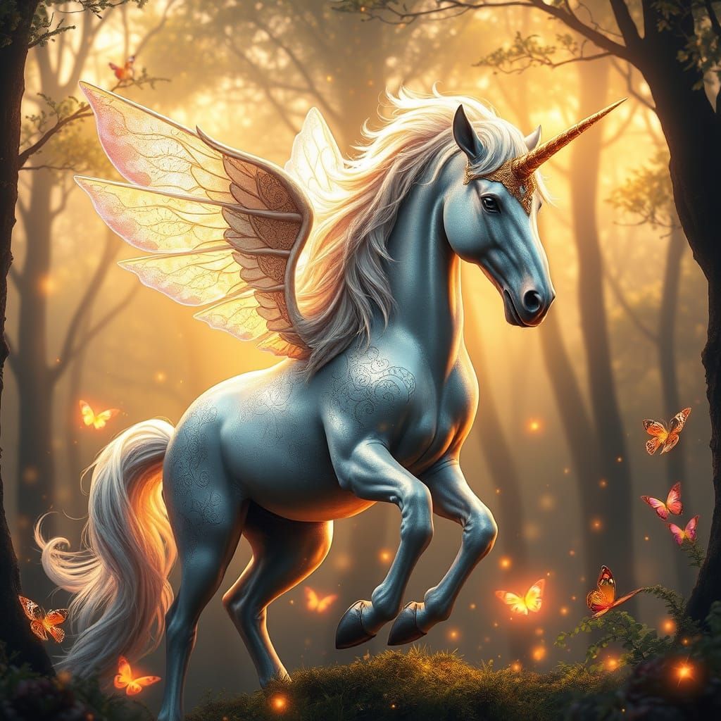 Regal Unicorn in Mystical Forest Scene
