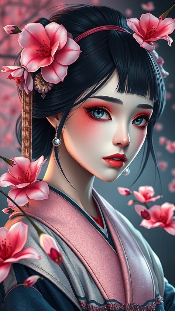 Gothic Geisha in Vibrant Sakura Blooms, High-Resolution Conc...