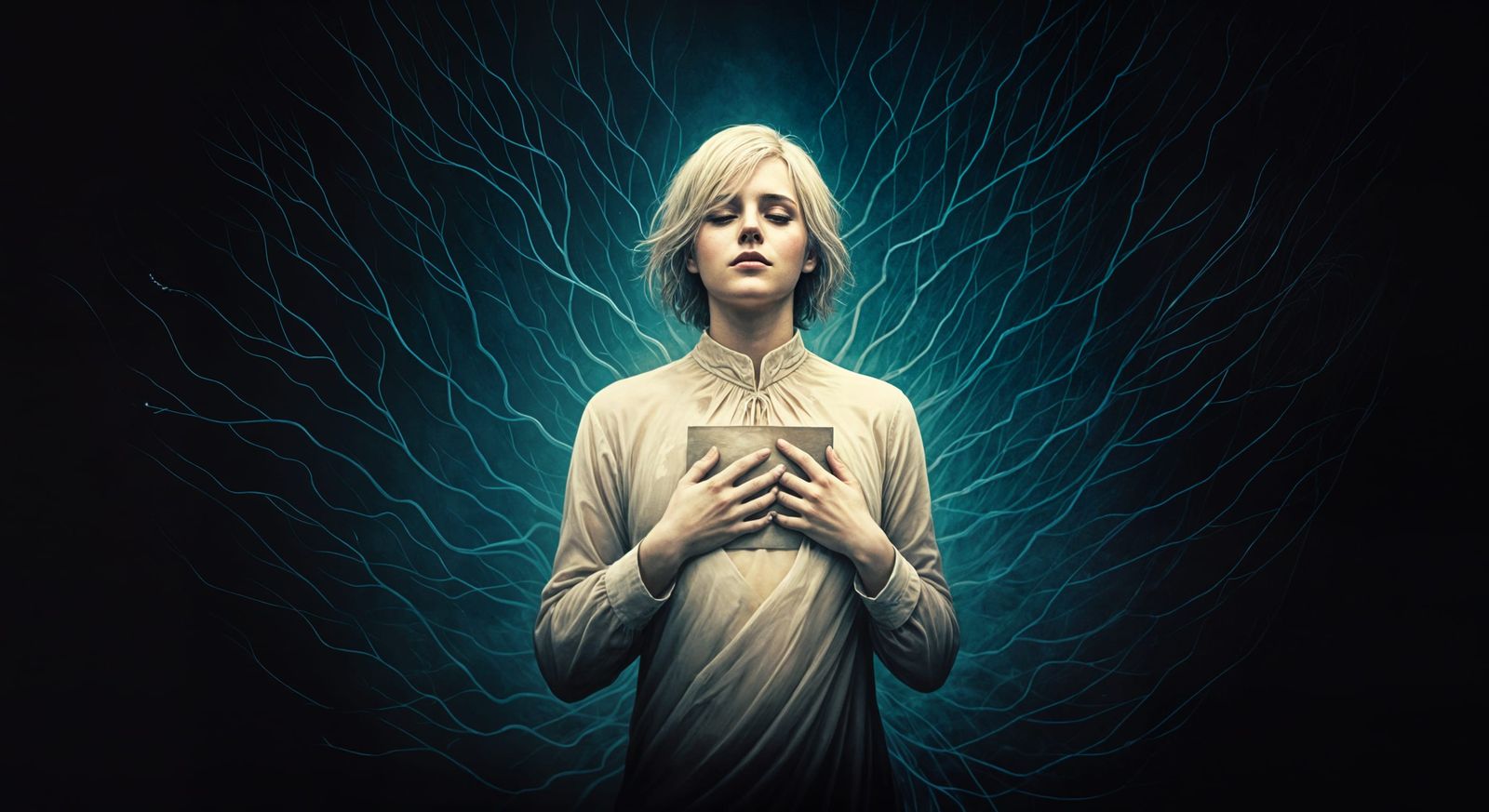 Surreal Figure Holding the Past: Watercolor Illustration