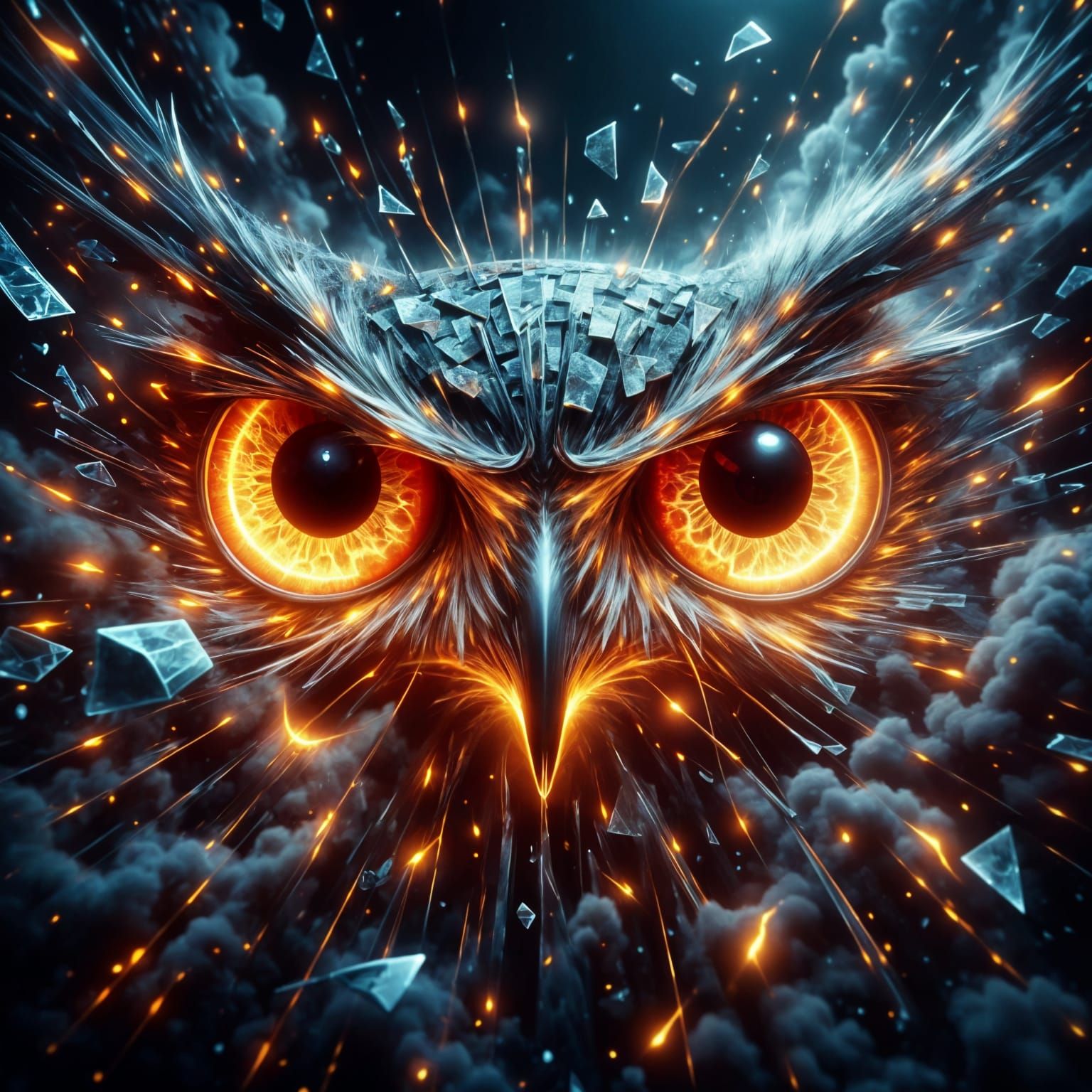 Ethereal Brocken Glass Owl with Glowing Electrical Eyes