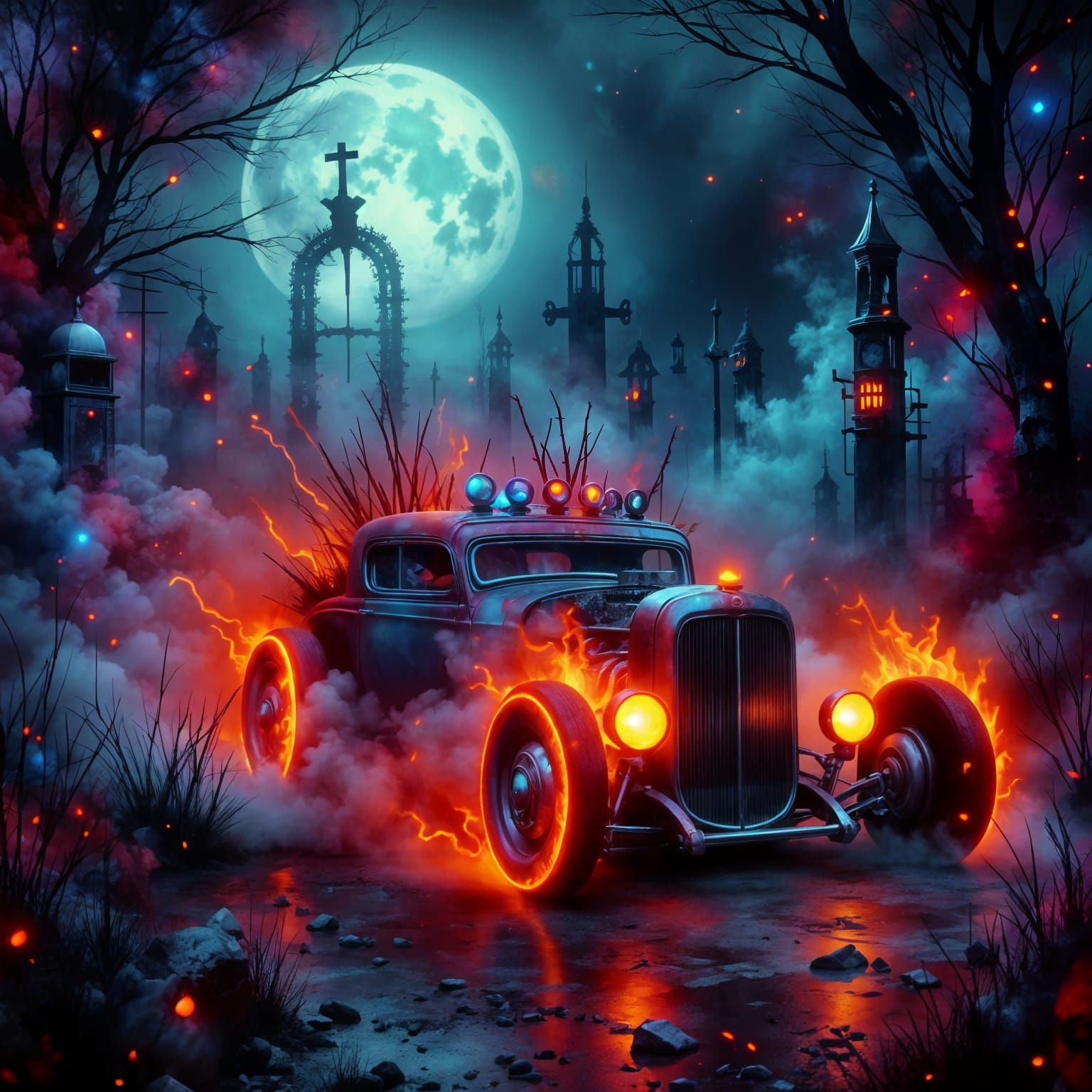 Spectral Hot Rod Midnight Race in Neon Grunge Style