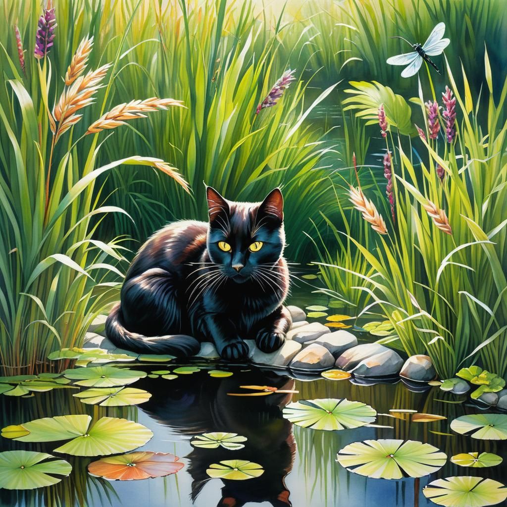 Black Cat in Pond: Watercolor Painting with Dragonflies