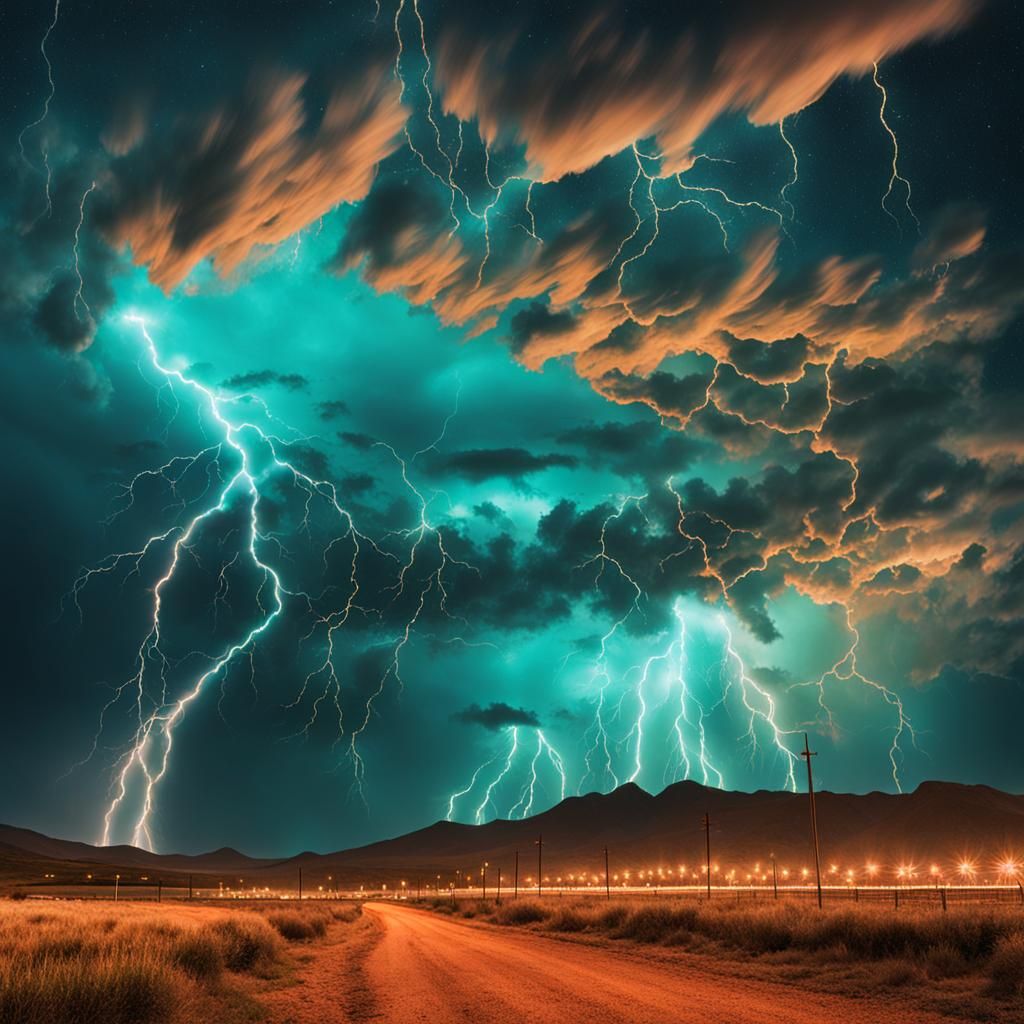 Surreal Electrical Storm Against Colorful Night Sky