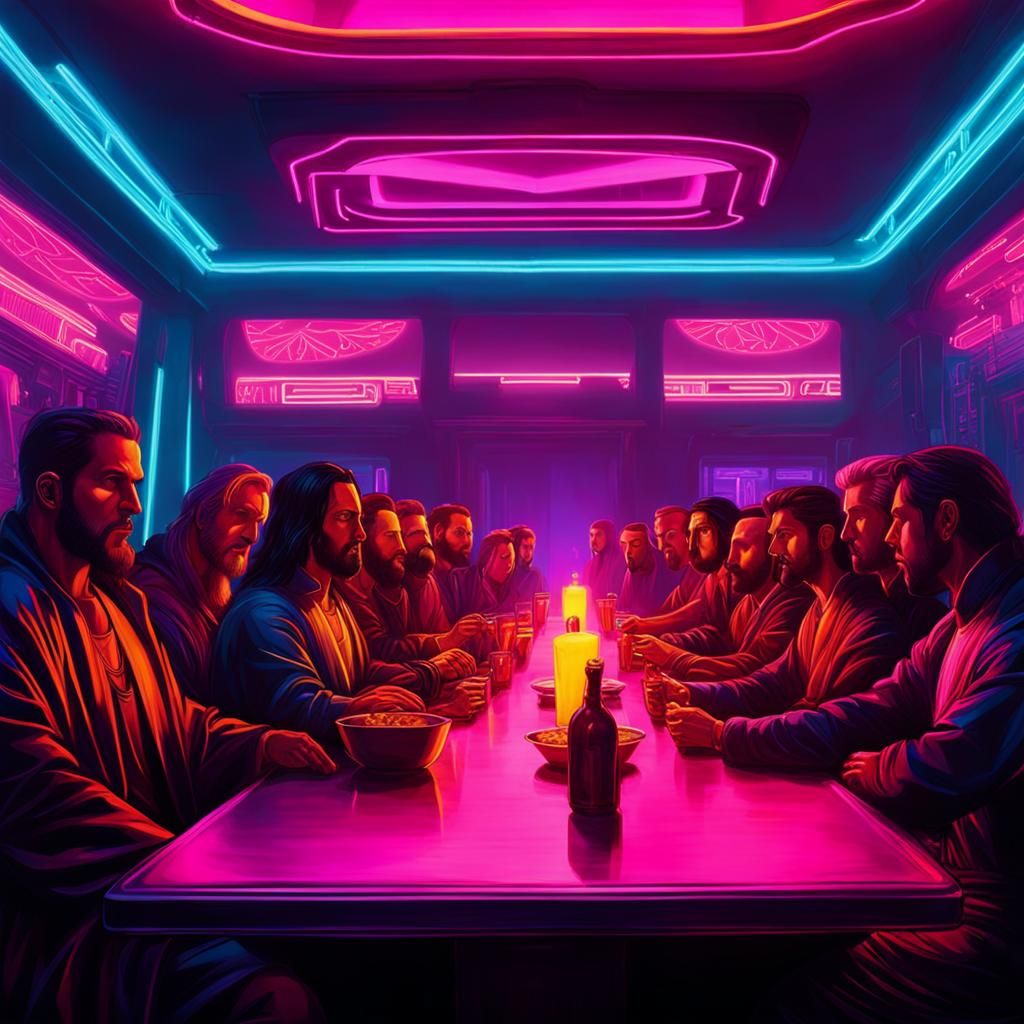 Cyberpunk Last Supper in Neon Bar