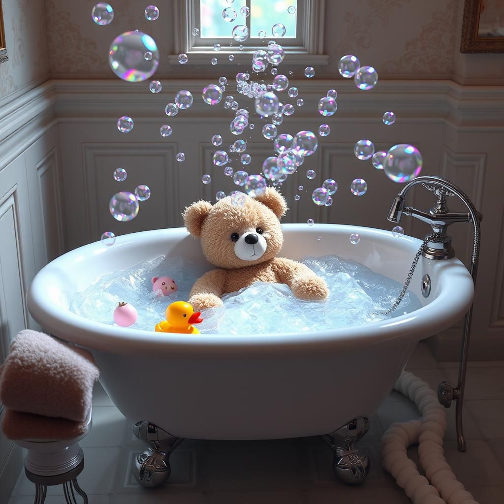 Baby Bear's Bubble Bath: A Hyperrealistic Digital Painting