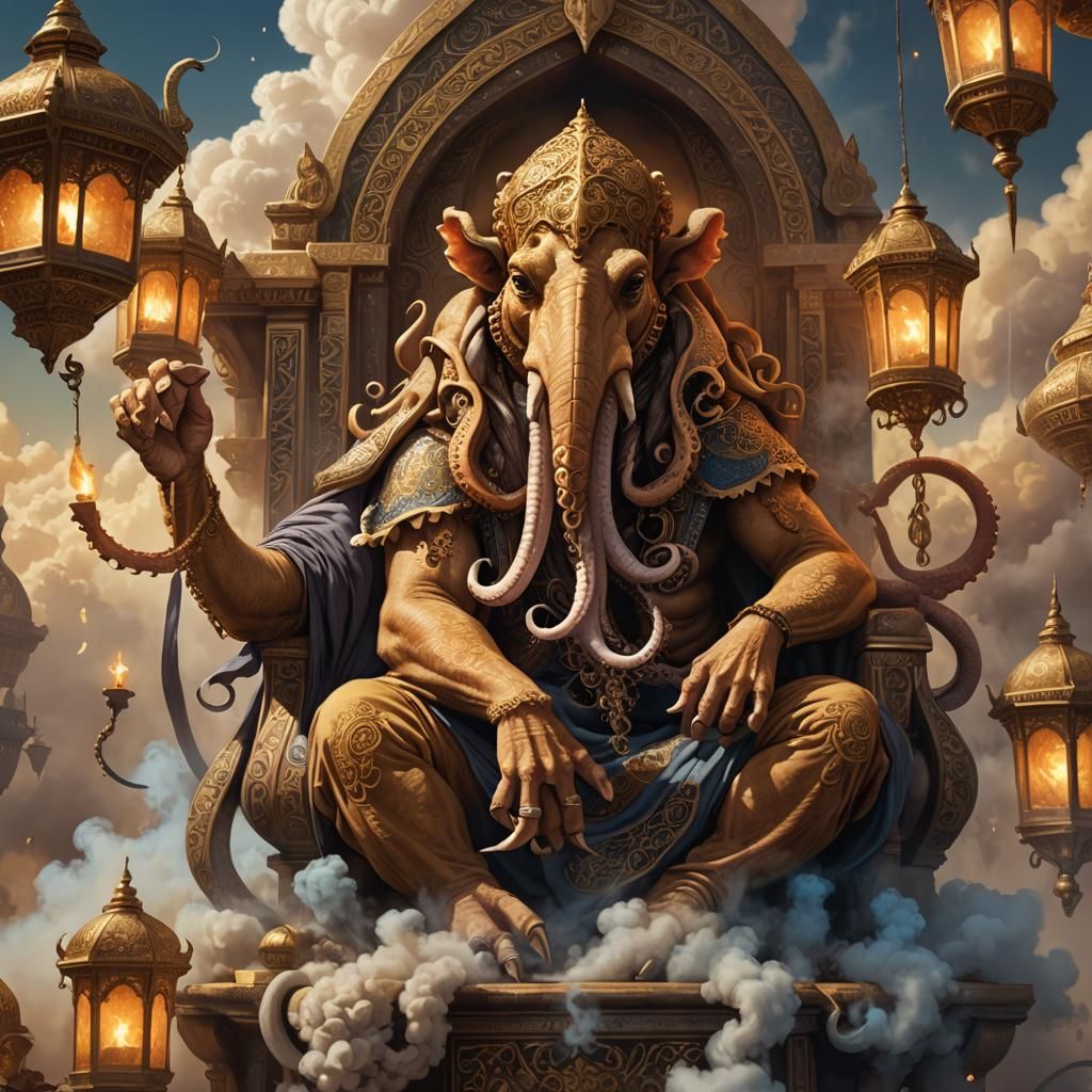 Camel-Octopus Creature on Mystical Throne, Digital Art