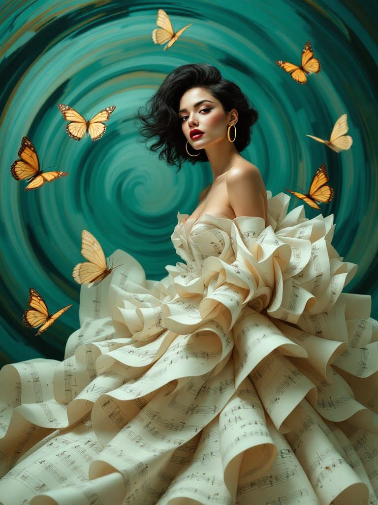 Surreal Sheet Music Gown Portrait in Teal Depths