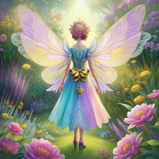 Magical Bee Lady in Whimsical Garden