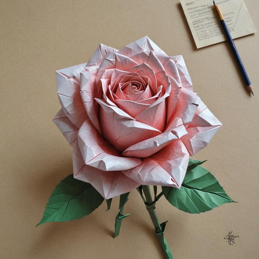 Photorealistic 3D Origami Rose Pencil Sketch