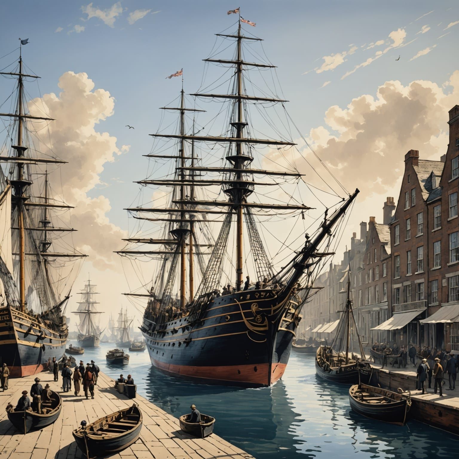 British Warship of 1800 in Bustling 19th Century Port