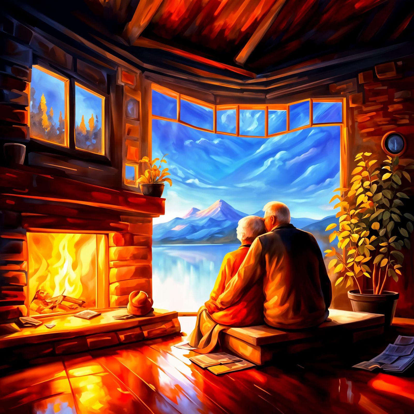 Cozy scene. Older couple. Huge window, Landscape painting above the fireplace. Warm glow.