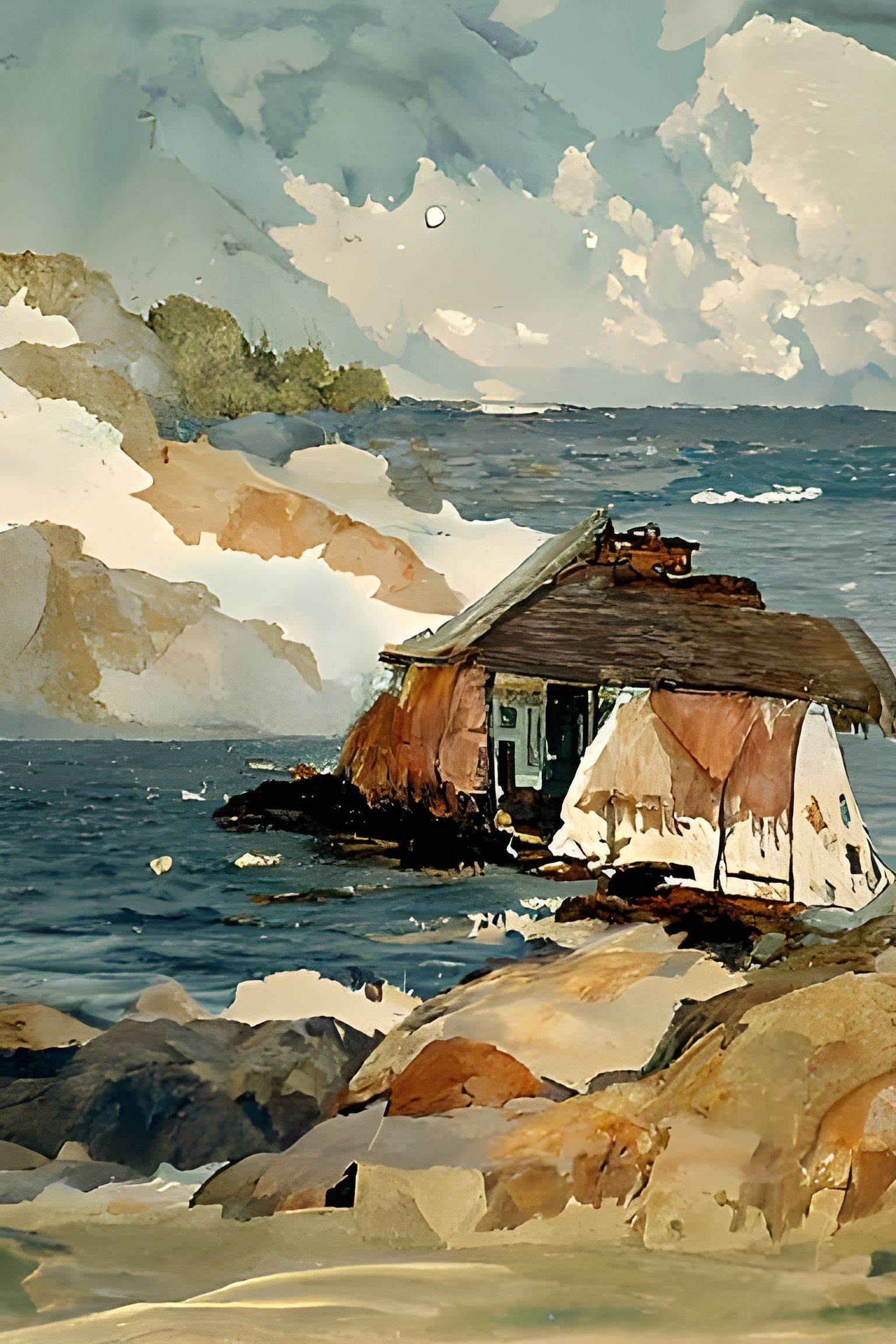 Watercolor Cottage by the Sea Illustration