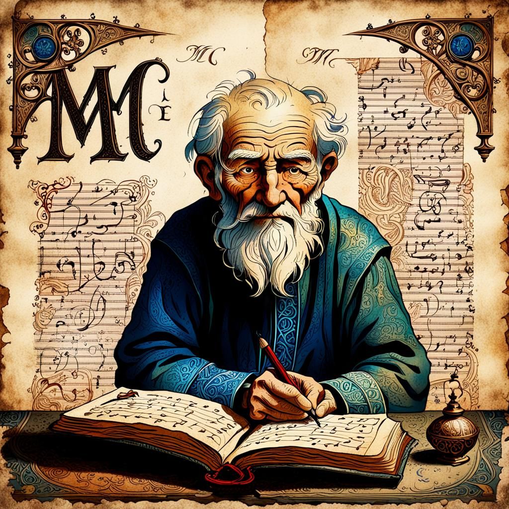 Illuminated Letter by an Old Man on Parchment