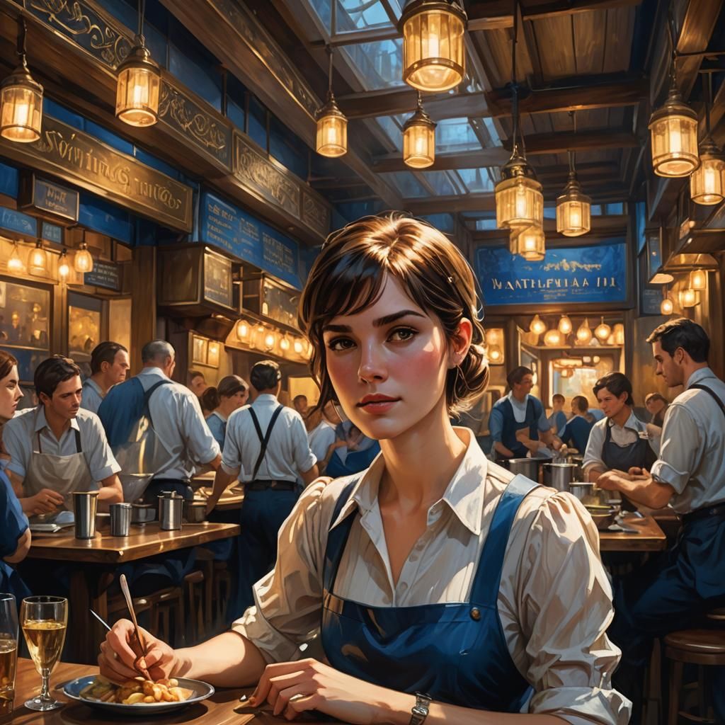 Waitress in Busy Restaurant: Fantasy Realism