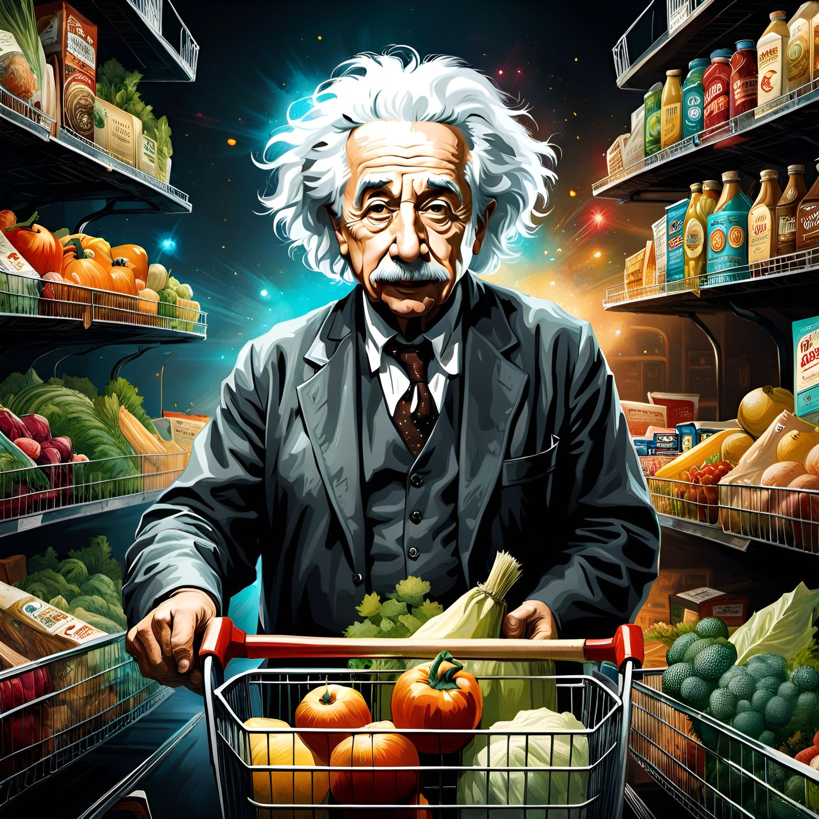 Einstein's Grocery Run: Whimsical Digital Portrait