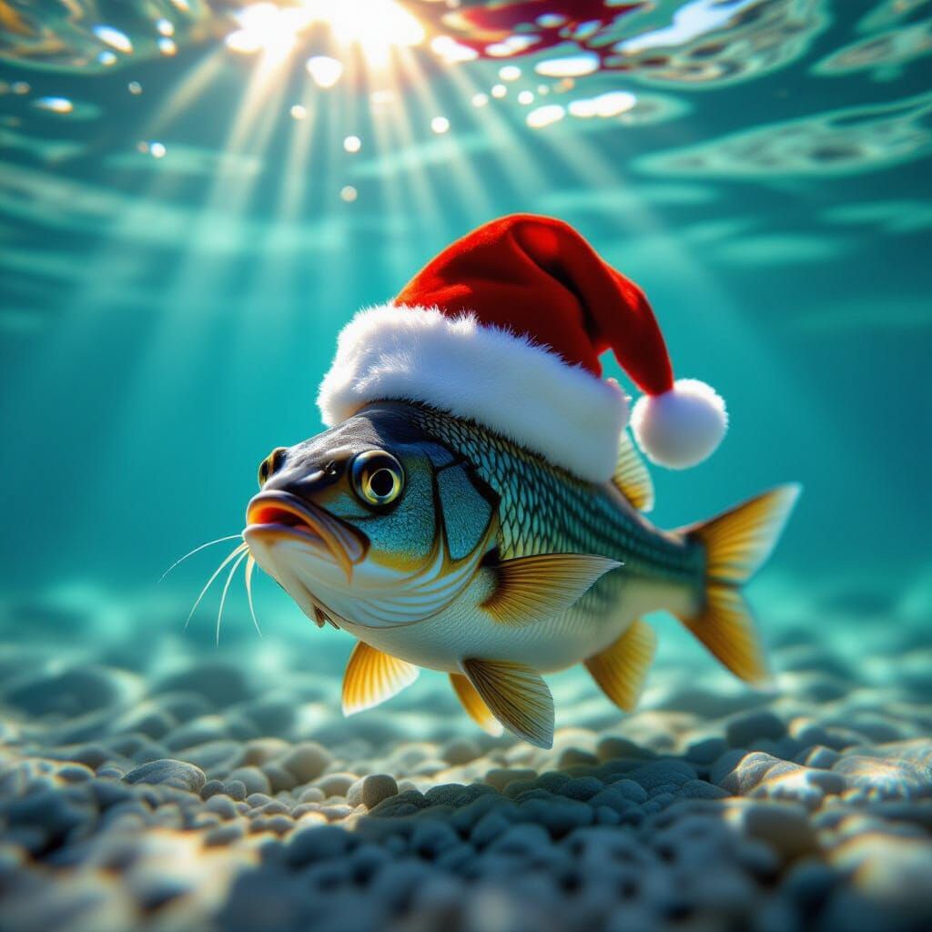 Whimsical Catfish Wearing Santa Hat in Dappled Sunlight