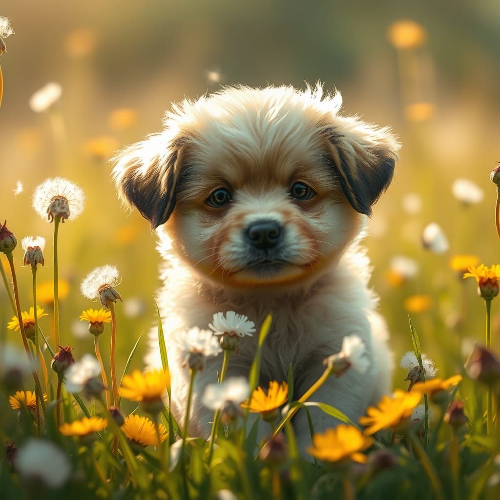 Puppy Frolics in Dandelion Field: Fantasy Concept Art