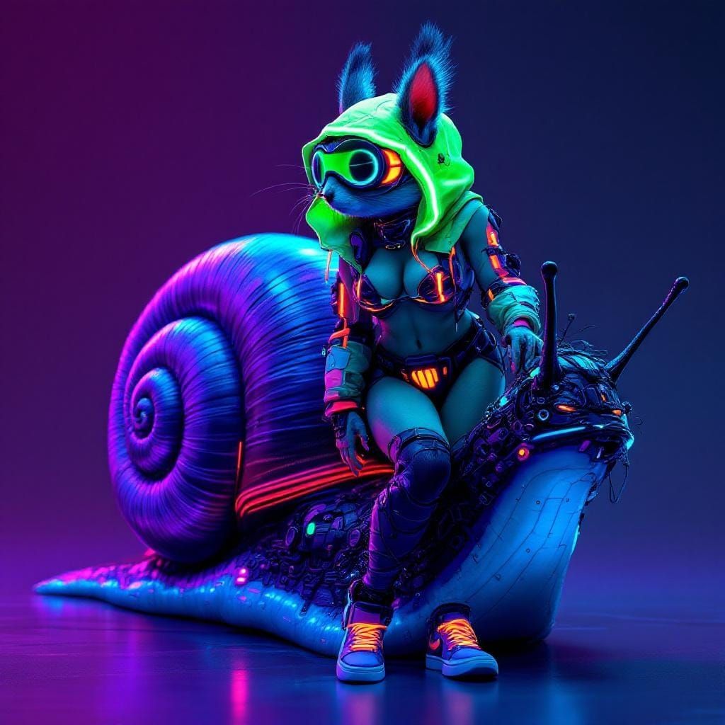 Cyberpunk Squirrel on Snail in Neon Violet and Blue
