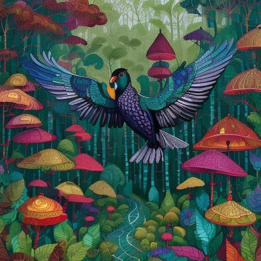 Mysterious Birds Fly into Ethereal Forest Birdcage