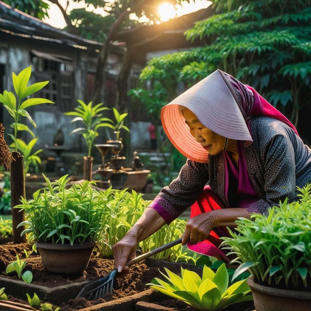 Old Woman's Jakarta Garden in Cinematic Lighting