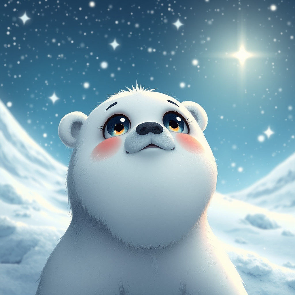 Adorable Polar Bear Gazing at Starry Night Sky