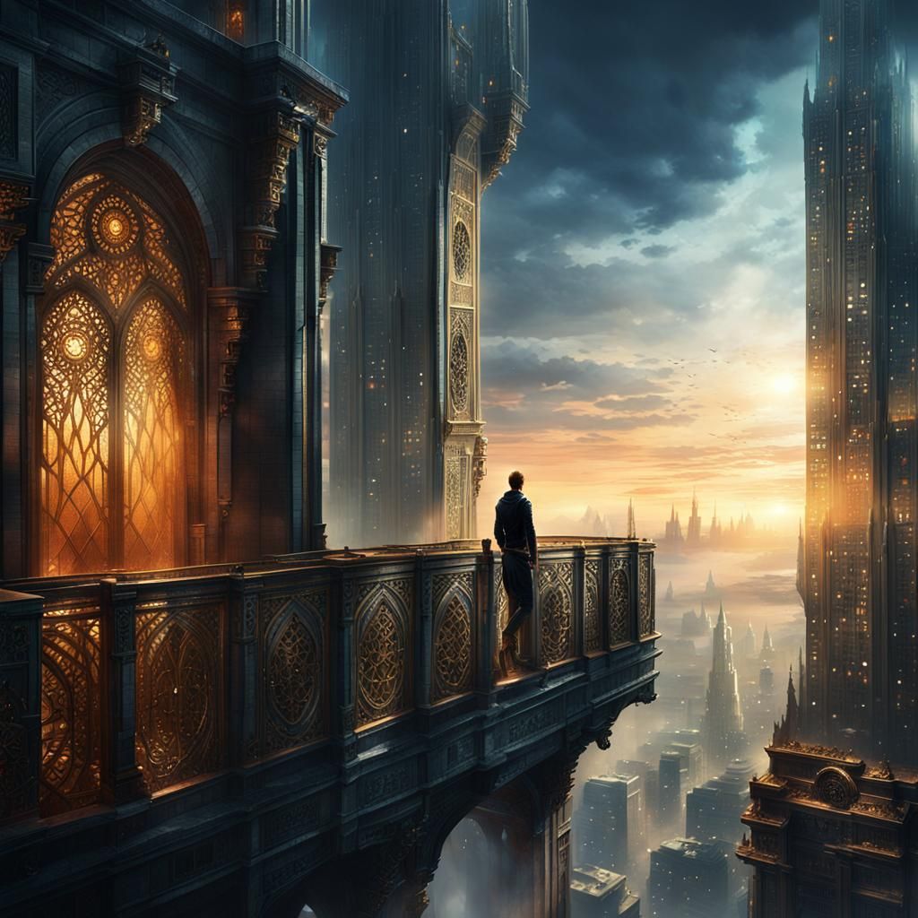 Fantasy Figure Gazing from Skyscraper Edge