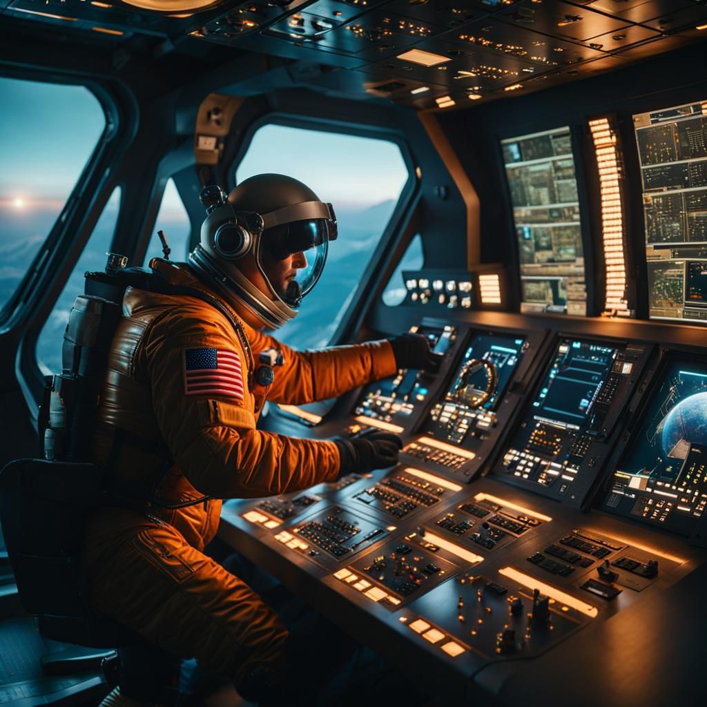 Spacesuit Man Operates Spaceship Command Post in 8k