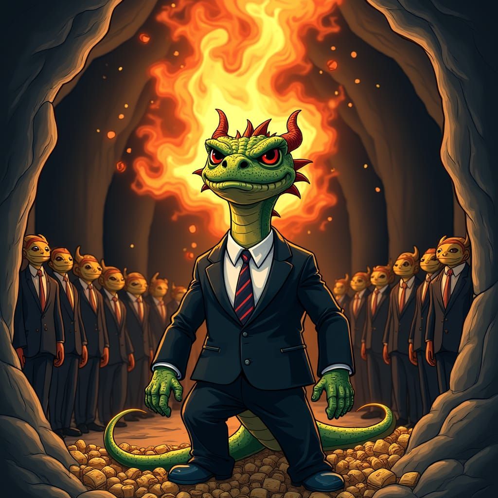 Regal Dragon Guards Treasure and Young in Dark Cavern