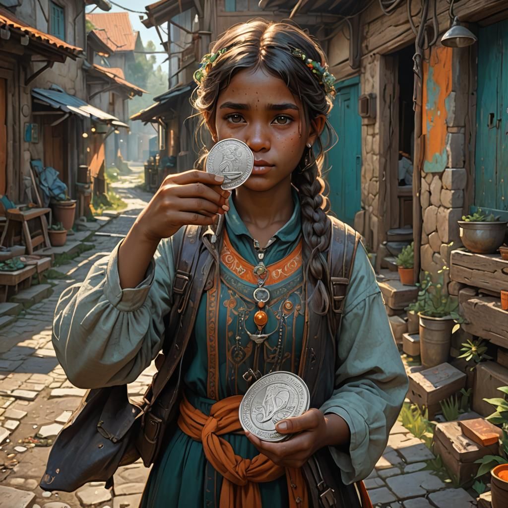Village Girl with Silver Coin, Detailed Concept Art
