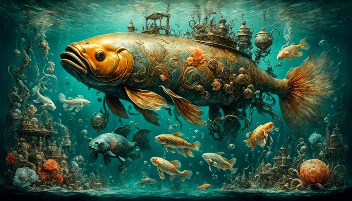 Giant Koi's Underwater Tea Party: Romantic Watercolor