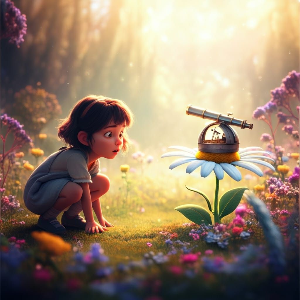 Whimsical Girl Discovers Hidden Observatory in Vibrant Meado...