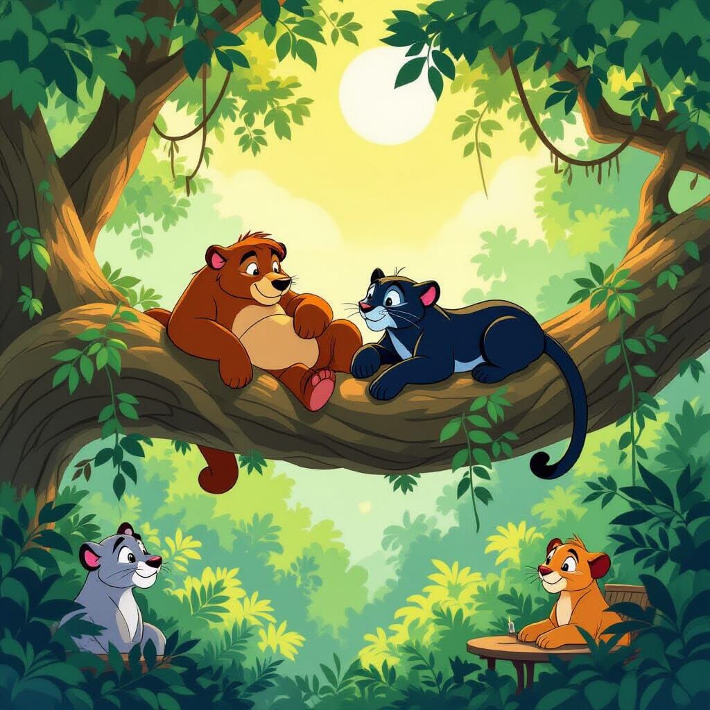Disney Jungle Book Style: Mowgli Rests on Tree Branch