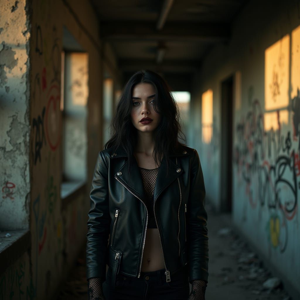 Gothic Woman in Abandoned Building, Hyper-Realistic Photo