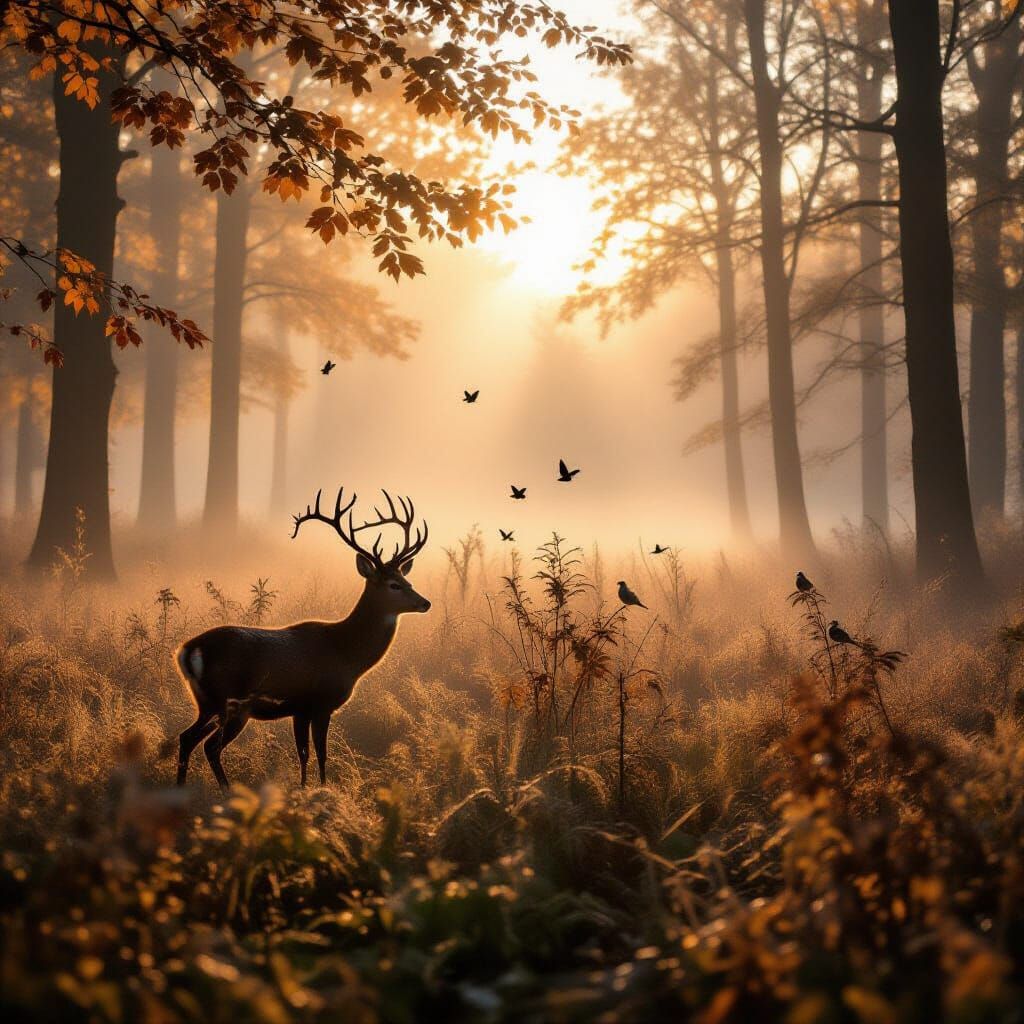 Misty Autumn Forest Sunrise with Roe Deer and Songbirds