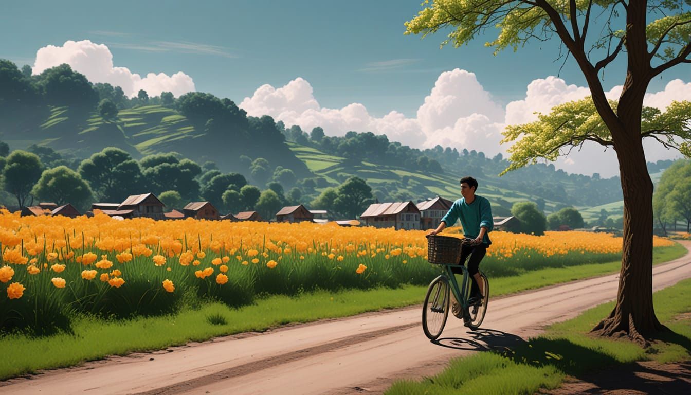 Man Pedals Through a Dreamlike Country Landscape